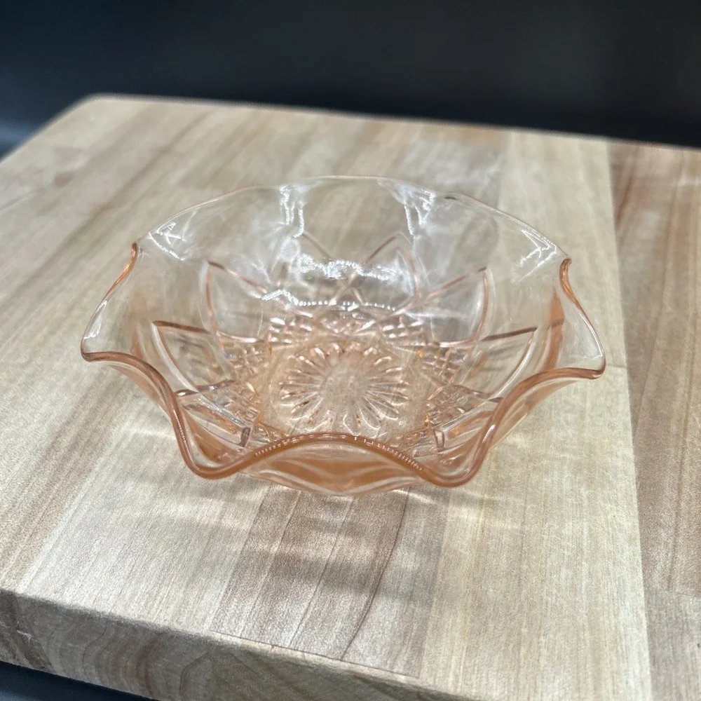 VTG Pink 5 Inch Glass Bowl. Hand Cut Base With Smooth Fluted Edges. Mint.